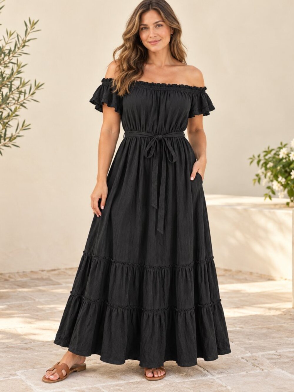 Davi & Dani Black Off Shoulder Tiered Maxi Dress Belted Medium NWT